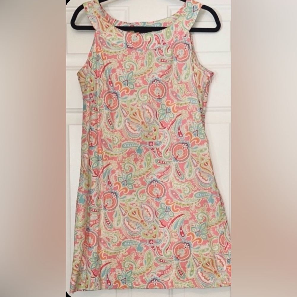 Cotton Paisley Dress 10 Pink Green Pockets Preppy Sleeveless Feminine Shift